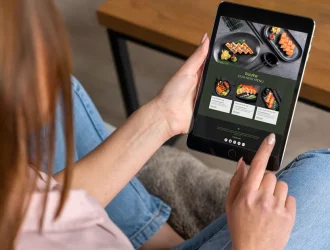 Woman ordering food at home from an app