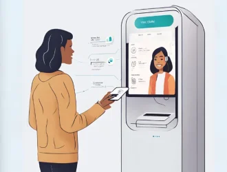 A graphical representation of a person using AI technologies in a kiosk to order food.