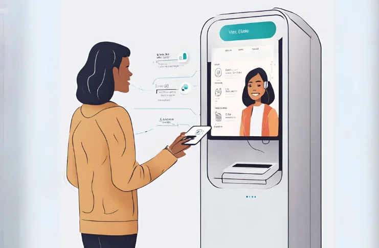 A graphical representation of a person using AI technologies in a kiosk to order food.