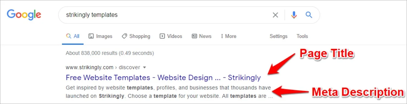Search engine results with a customized title tag and meta description.