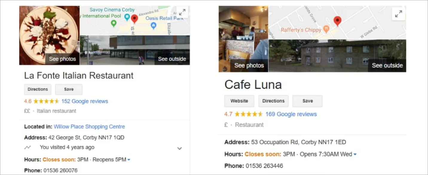 An example of a Google My Business profile created for a restaurant.