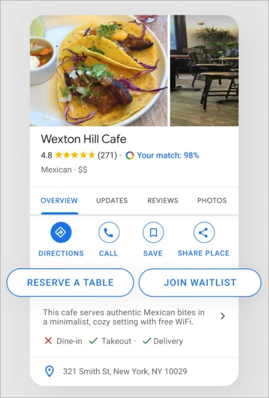 A screenshot of the Google My Business listing for the restaurant.