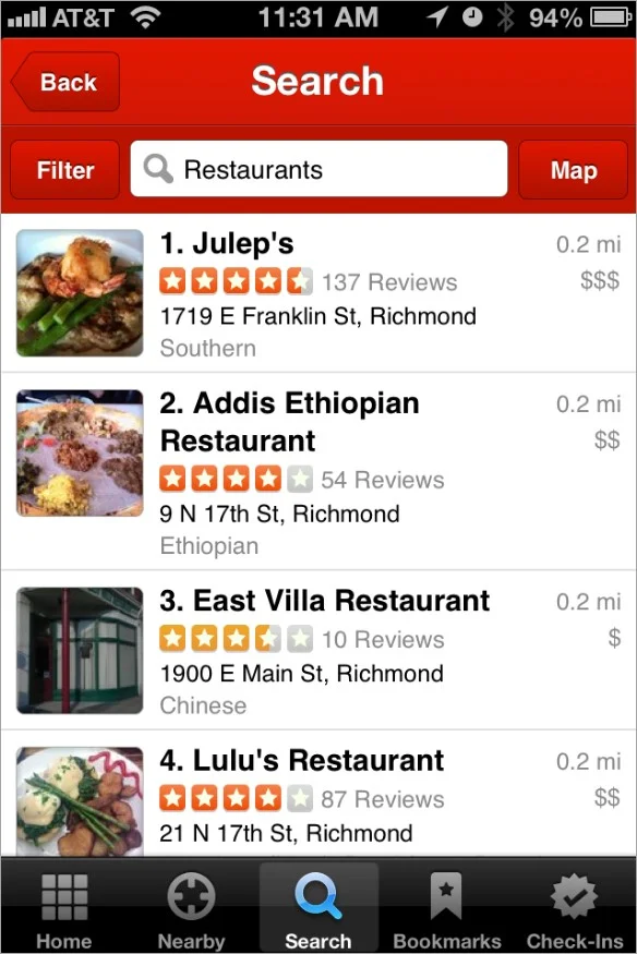 Restaurants listed on Yelp.