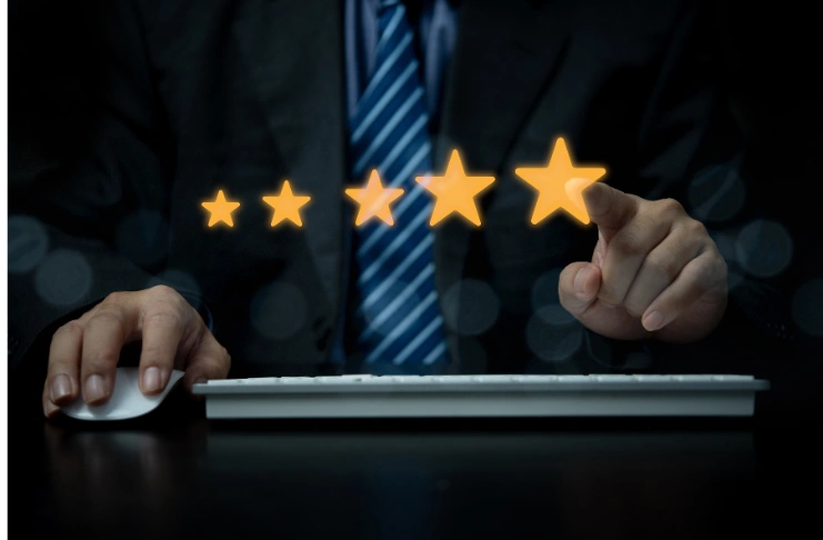 A photo of a man rating 5 stars