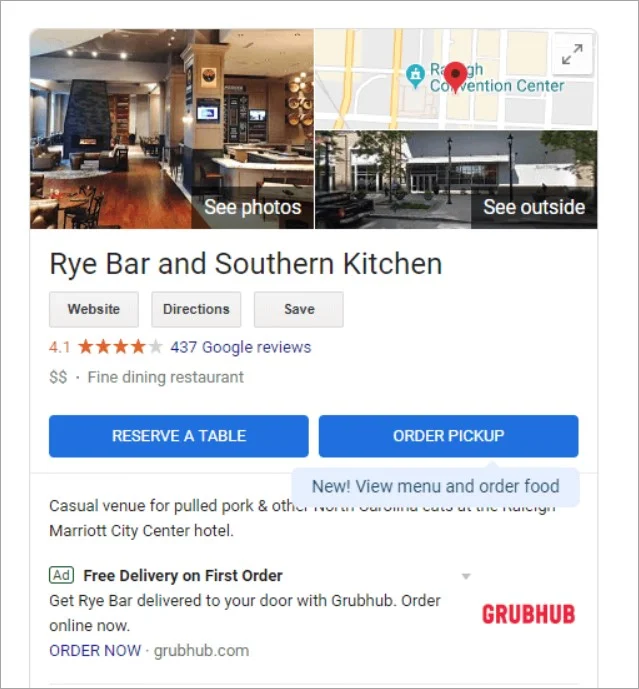 Google My Business list for a restaurant featuring images and opinions.