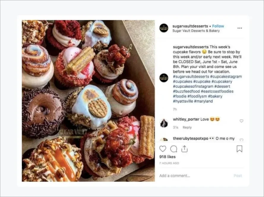 An Instagram post showing the bakery’s daily specials with a branded hashtag.