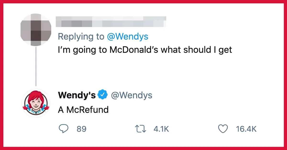 A twitter response by Wendy's, roasting McDonald's