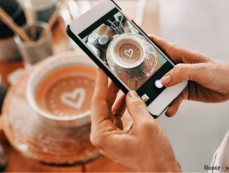 A phone taking a coffee photo for social media
