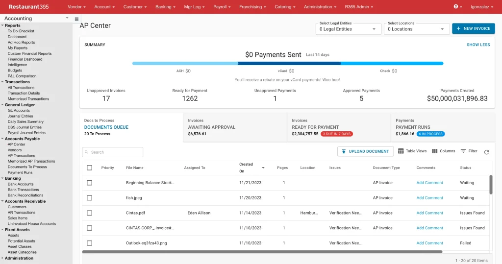 A screenshot of Restaurant 365's interface.
