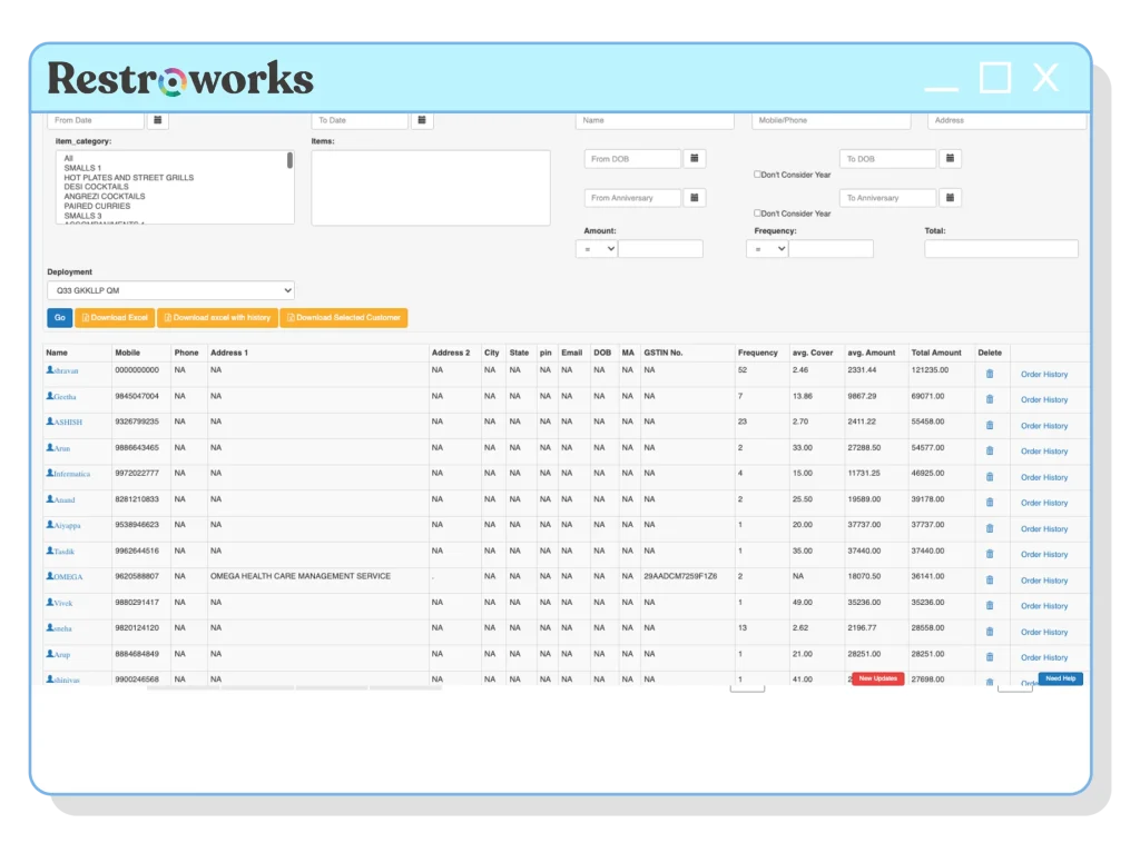 View of Restroworks Customer relationship management