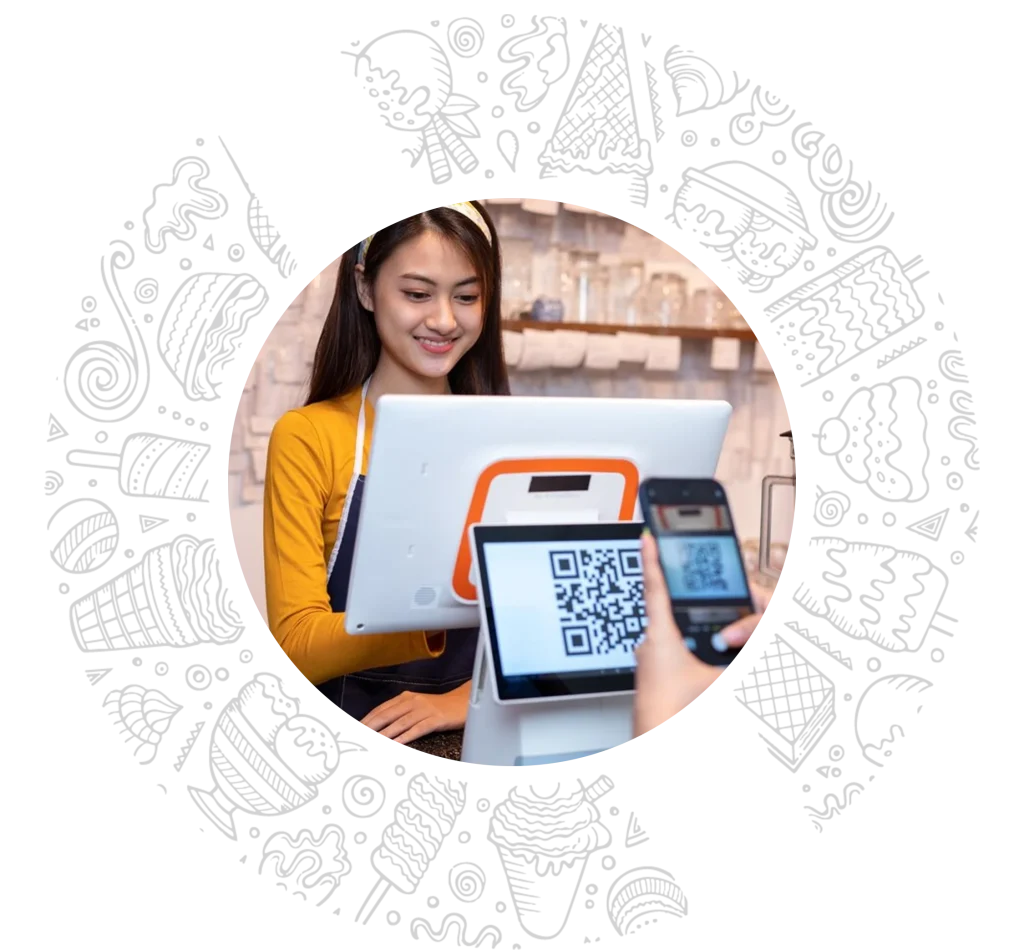 Customer using the customer order display to make a payment through a QR code