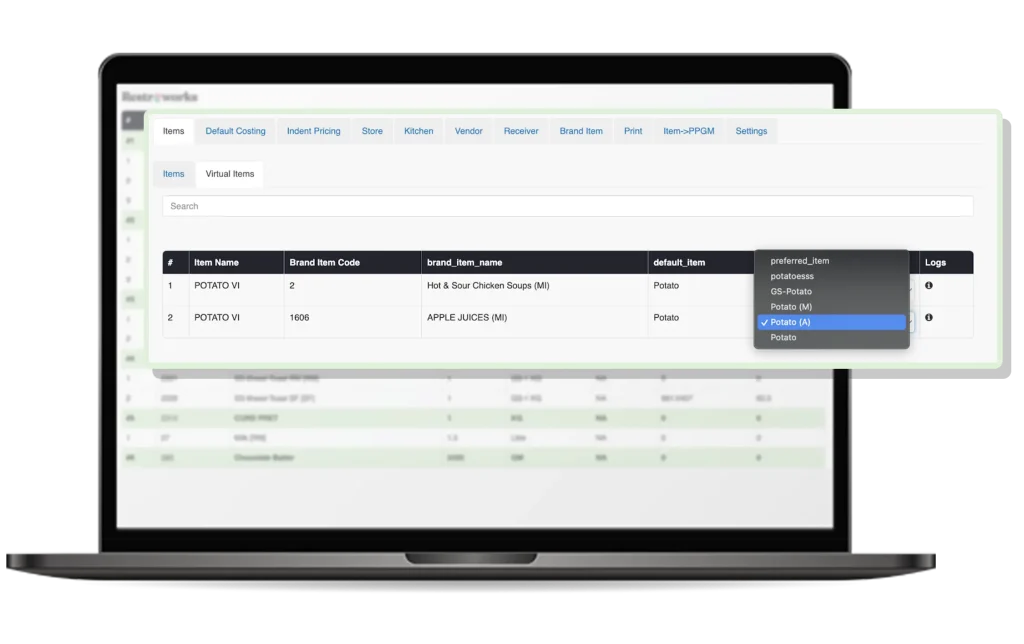 View of Flexible recipe substitution in Restroworks inventory management
