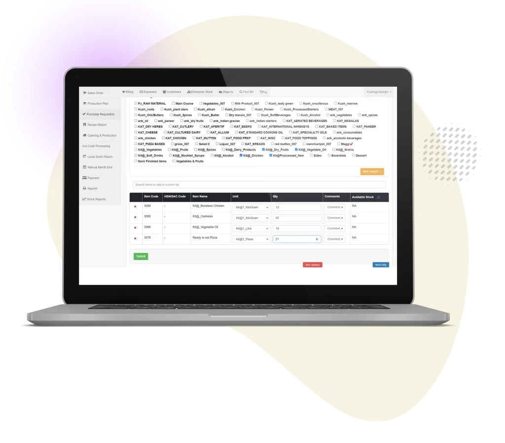 View of the Restroworks Purchase requisition screen
