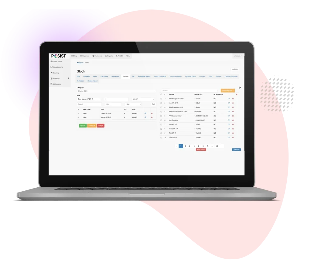 View of Restroworks Recipe and Ingredient Level Controls