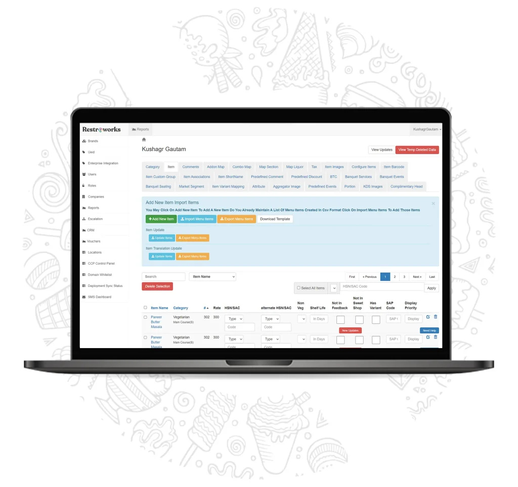 View of the Restroworks menu management screen
