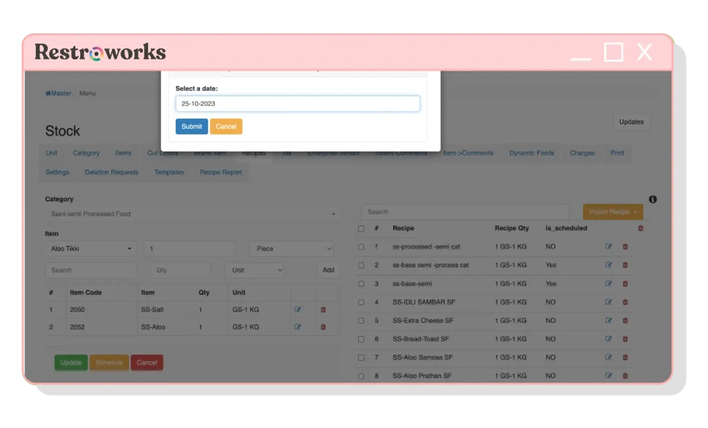 View of Scheduled recipe updates by Restroworks