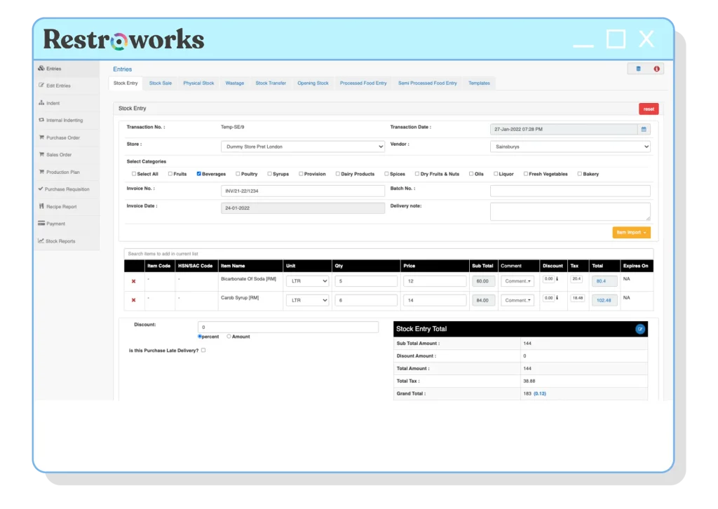 View of Restroworks stock entry screen