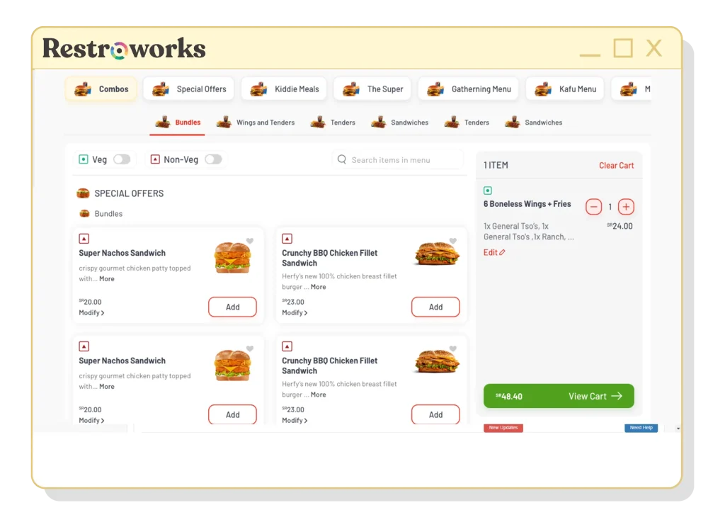 View of the menu in Restroworks self ordering kiosk