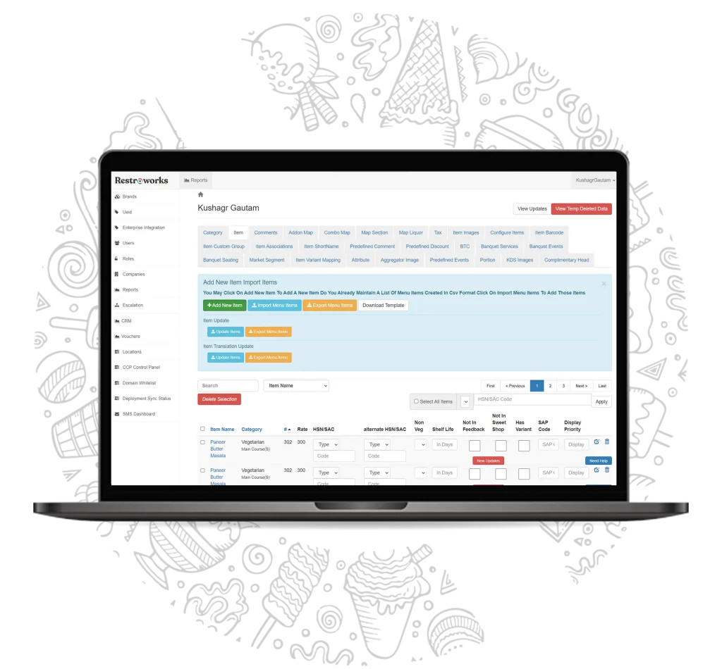 View of the Restroworks Menu Management software
